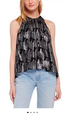 NWT Joie Black Metallic Floral Halter Top Pleated Swing Sleeveless Blouse XS
